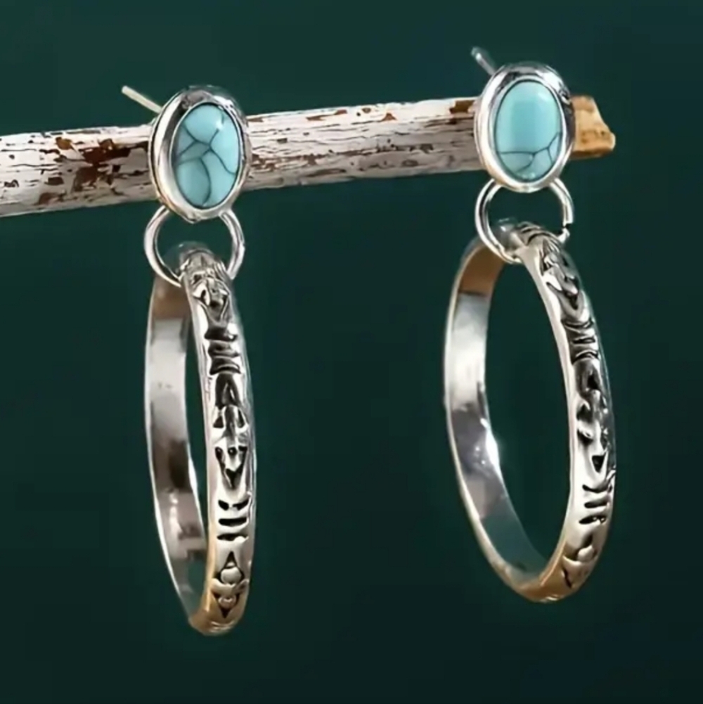 BOHEMIAN BlueTribal Earrings Simulated Turquoise  Spiral Swirl Statement EP